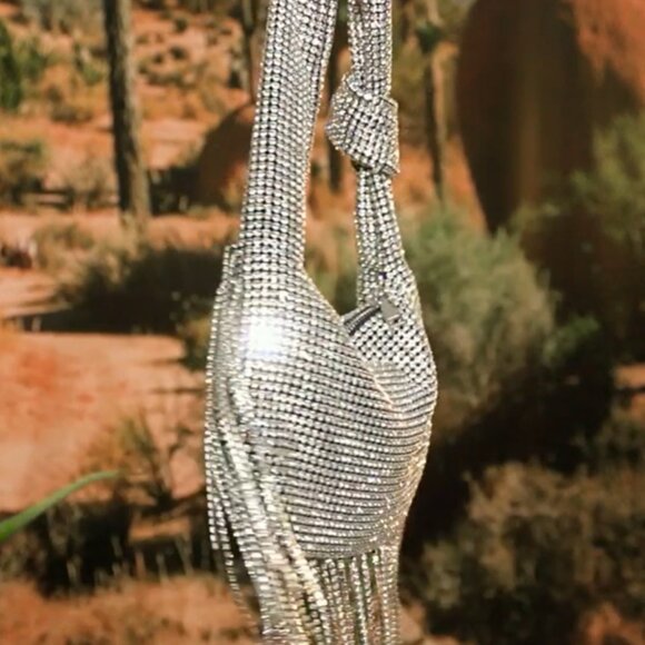 L ARTISTE SILVER RHINSTONE CRYSTAL FRINGED KNOTTED HANDLE HAND BAG - Picture 4 of 9